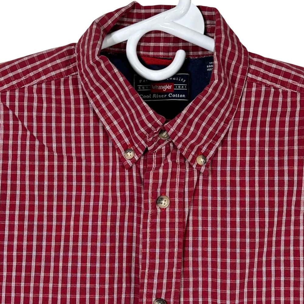 Wrangler Men's Red Plaid Long Sleeve Button Down Shirt Cool River Cotton Size L